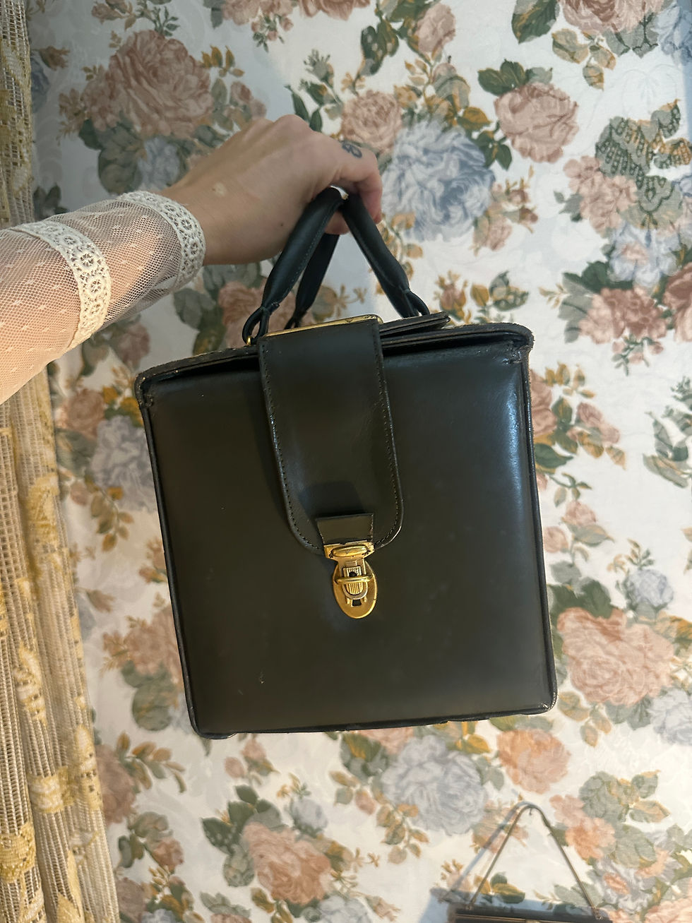 Miniatura: Bolsa vintage box Gobelin floral couro verde oliva importada 