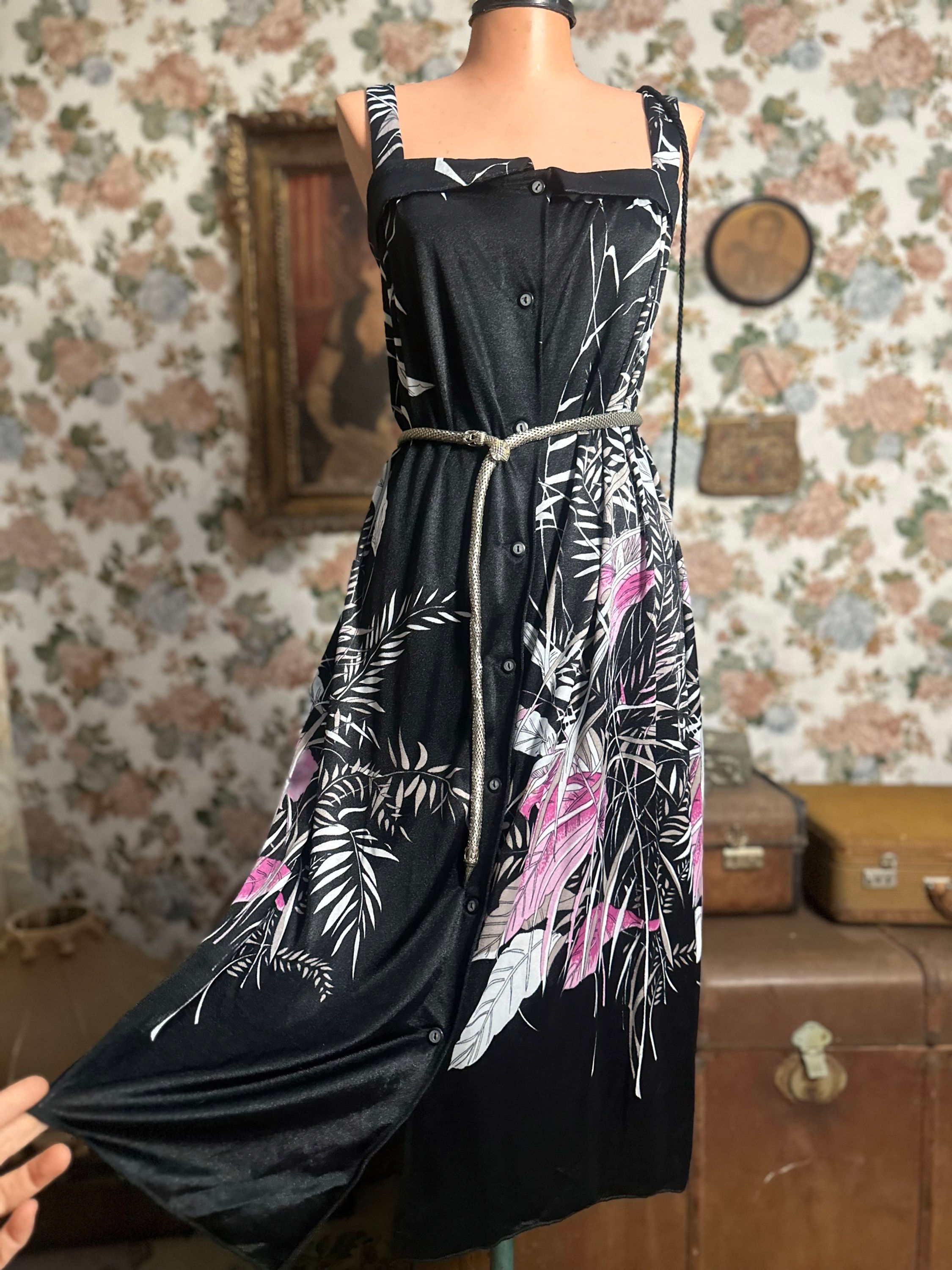 Vestido vintage 1970 Jersey preto flores e folhagem rosa