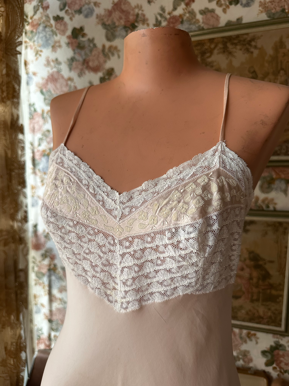 Miniatura: Slip dress camisola vintage 1940/50 em seda pura rosa claro rendas valencianas 