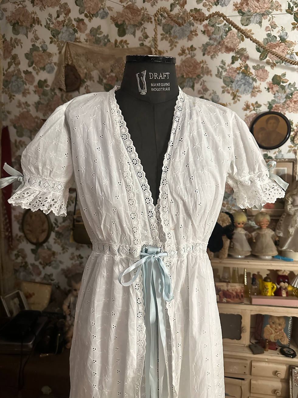 Miniatura: Conjunto vintage longo camisola e Peignoir laise algodão fitas cetim azul 