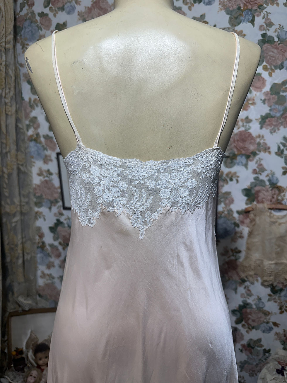 Miniatura: Slip dress camisola vestido vintage 1920 seda pura rosa com rendas francesa