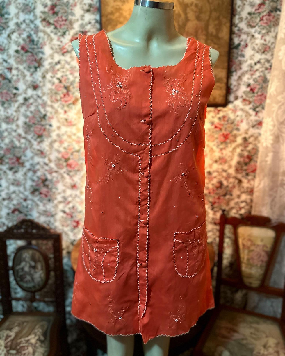 Miniatura: Conjunto vintage 1960 peignoir , camisola e calcinha laranja bordados 