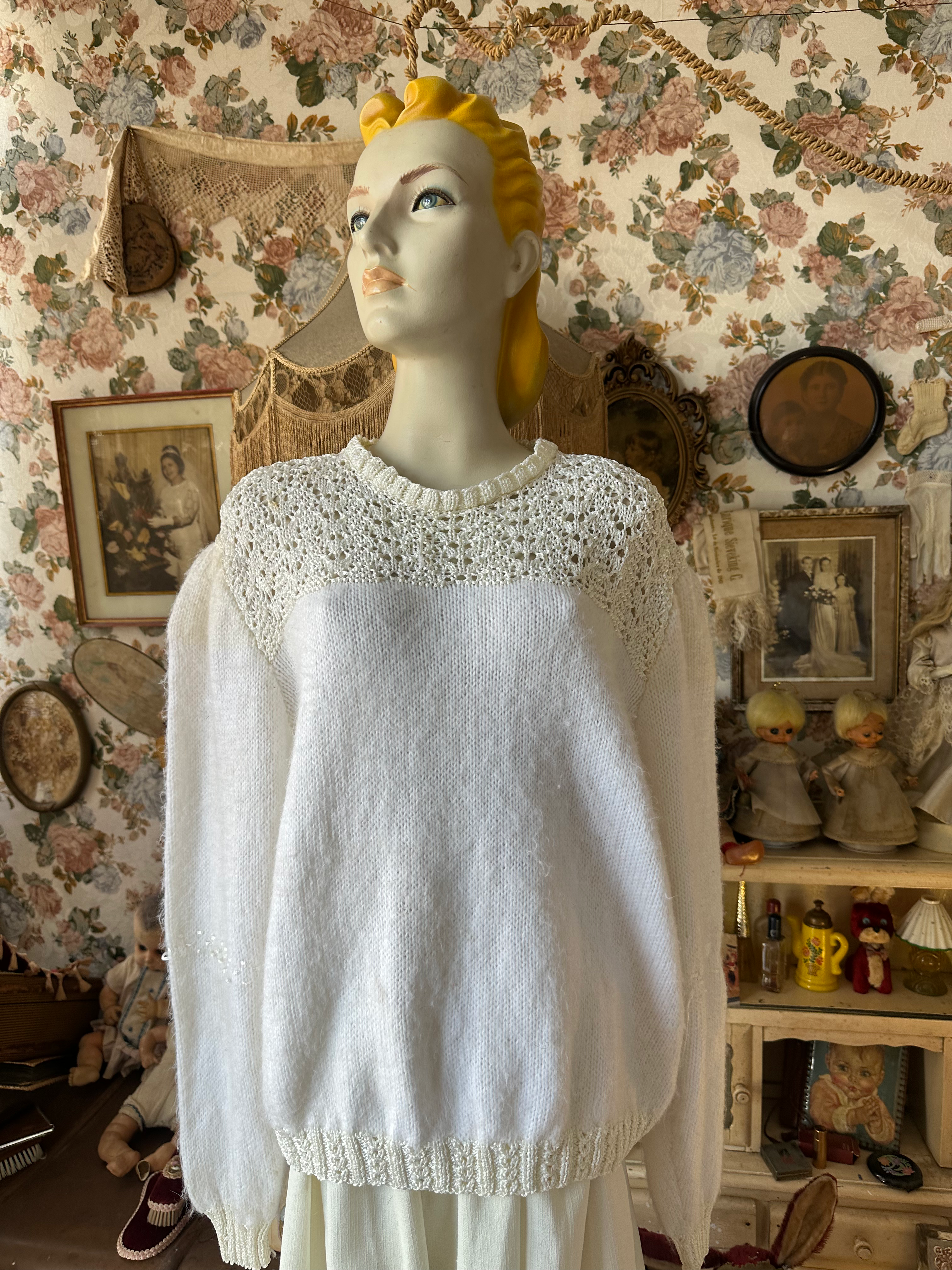 Suéter blusa vintage manga longa lã cashmere e renda de crochê 
