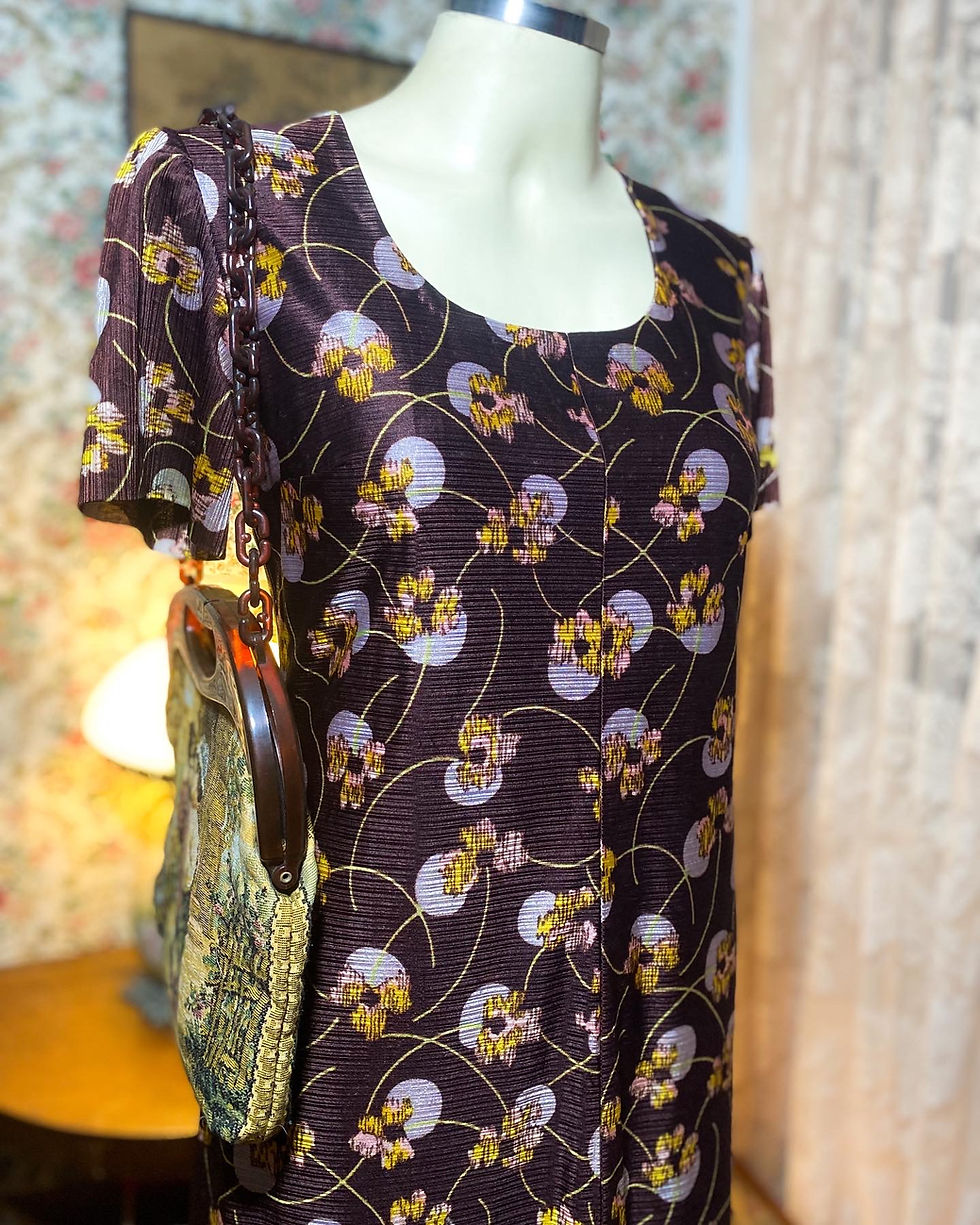 Miniatura: Vestido vintage anos 70 marrom flores laranjas