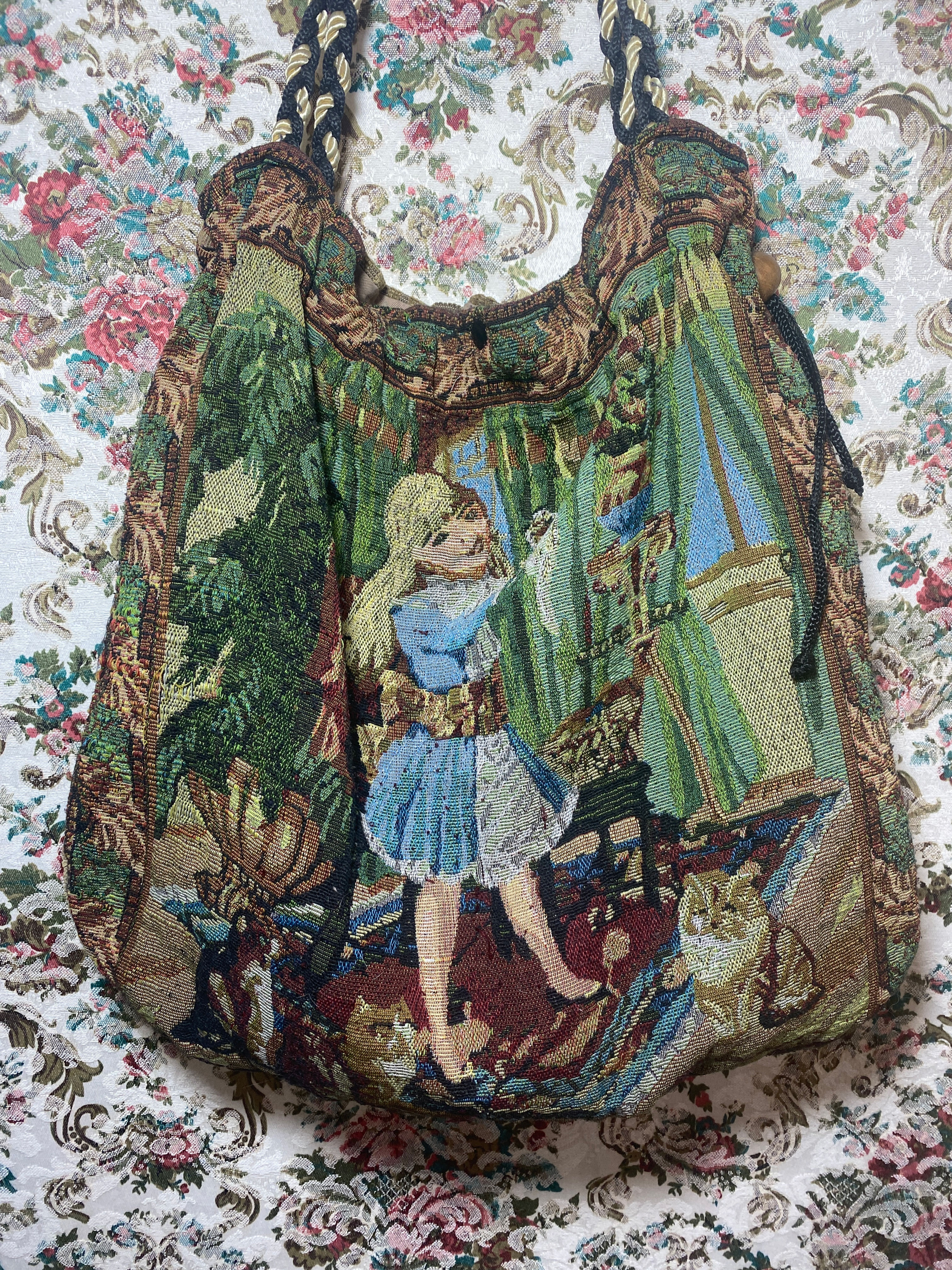 Bolsa saco gobelin vintage menina e gatinhos vitoriana  