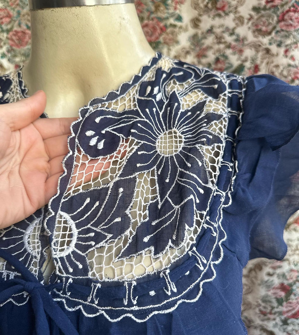 Miniatura: Blusa vintage folk richelieu azul marinho e branco 