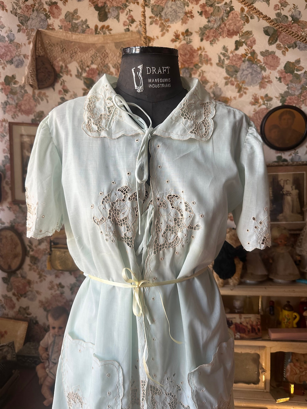 Miniatura: Conjunto Peignoir e camisola vintage algodão verde água 
