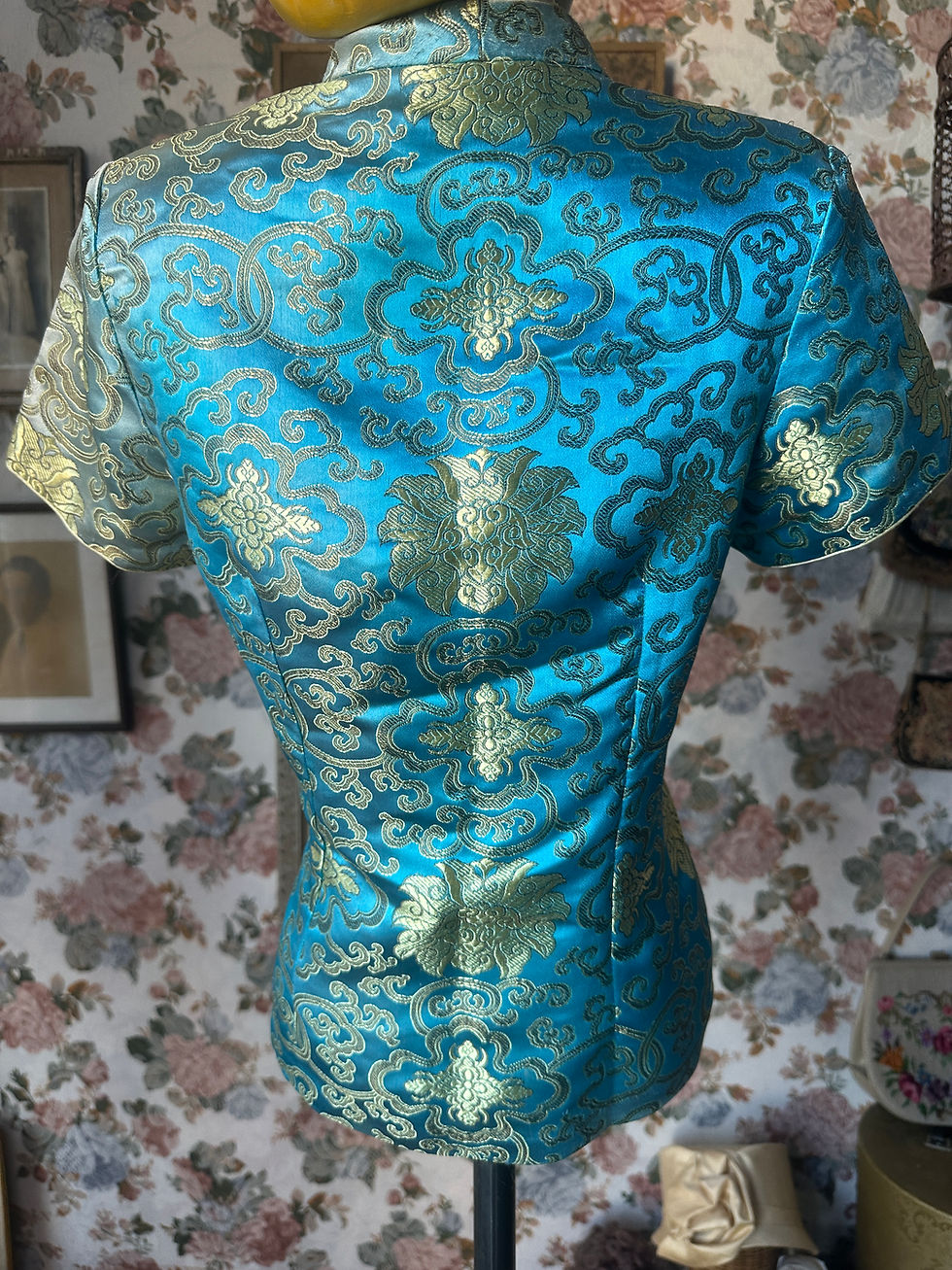 Miniatura: Blusa Qipão vintage cetim azul mar e dourado 