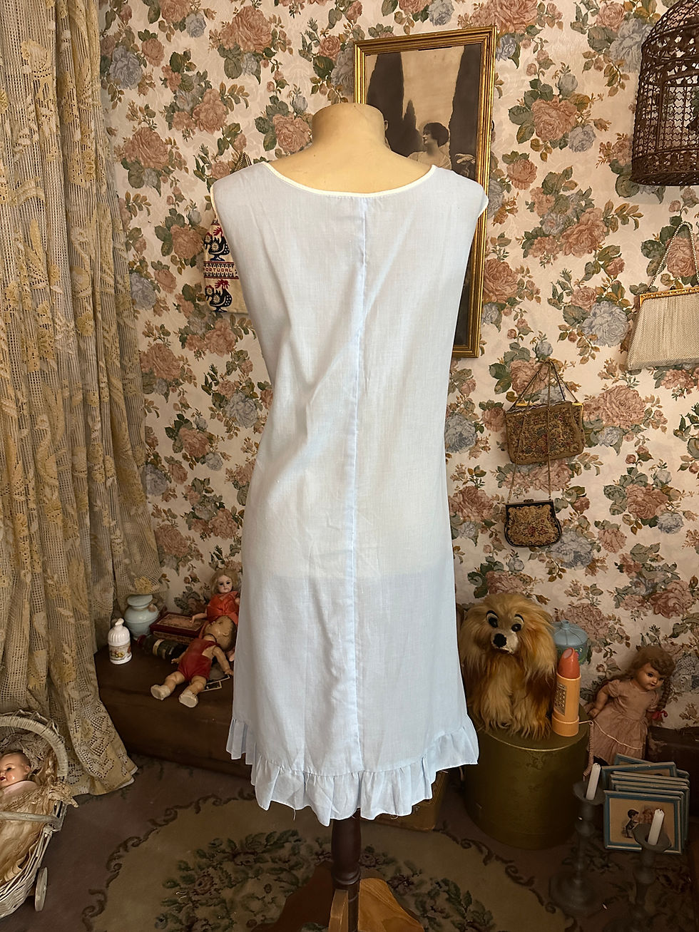 Miniatura: Conjunto vintage camisola e Peignoir algodão azul bebê margaridas bordadas 