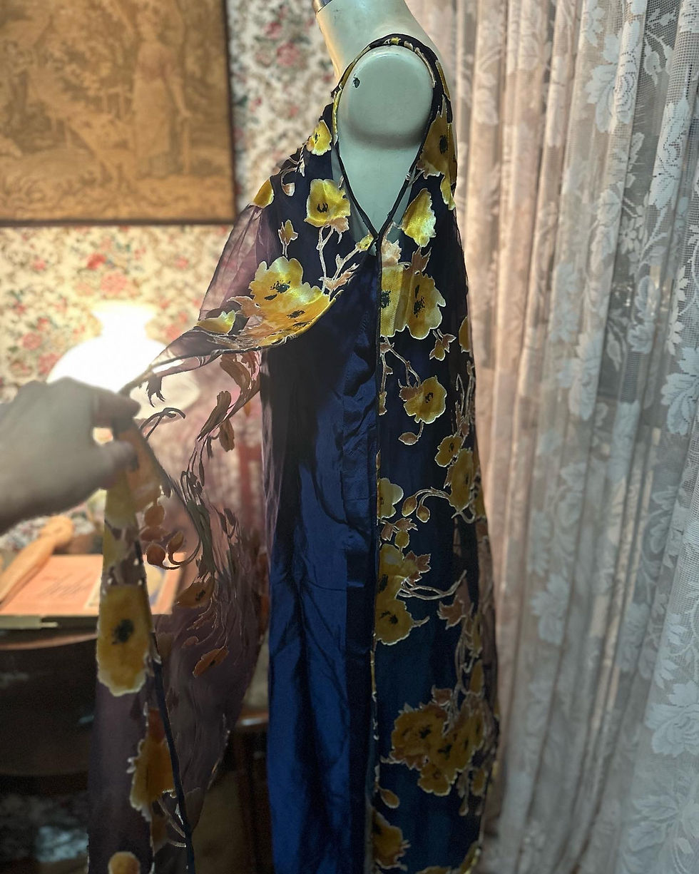 Miniatura: Vestido vintage 1970 festa veludo devorê azul noite e dourado