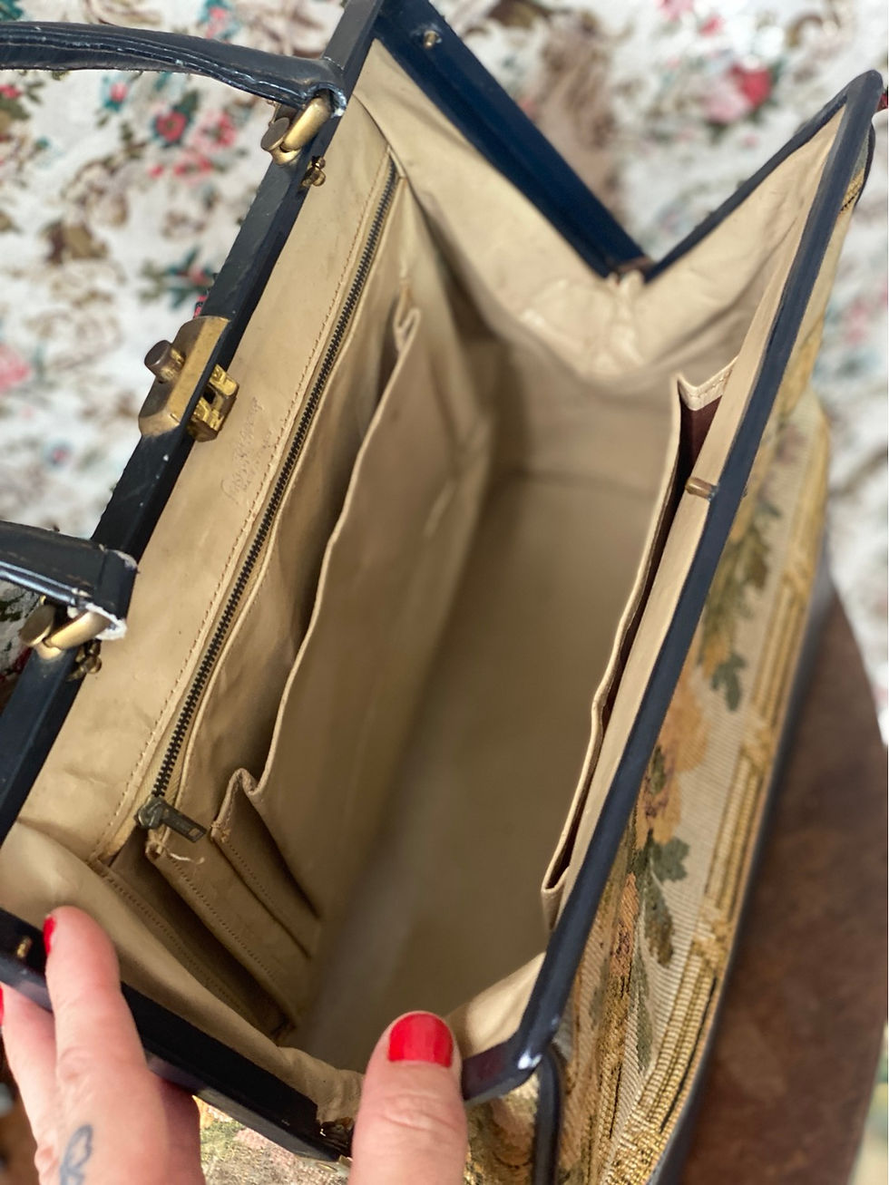 Miniatura: Bolsa baú anos 50 francesa couro e gobelin 