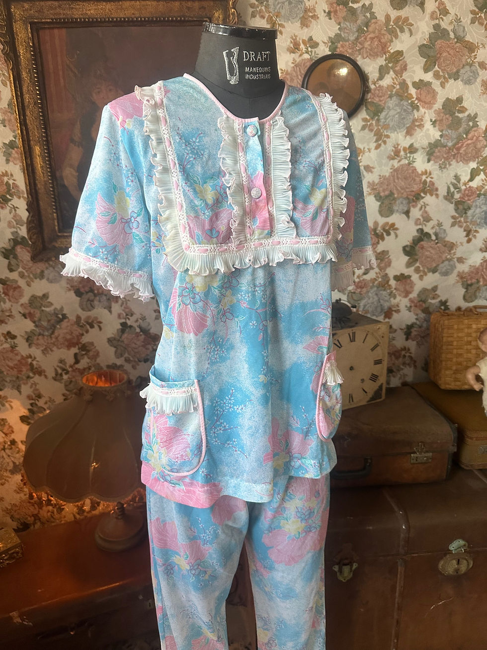 Miniatura: Pijama vintage 1960/70 floral azul e rosa 
