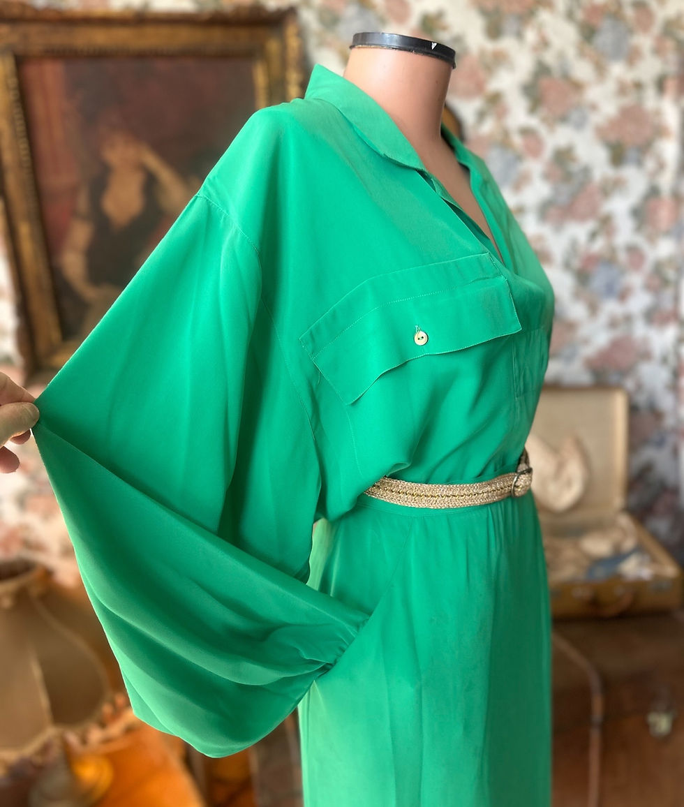 Miniatura: Conjunto saia e blusa vintage seda pura verde folha 