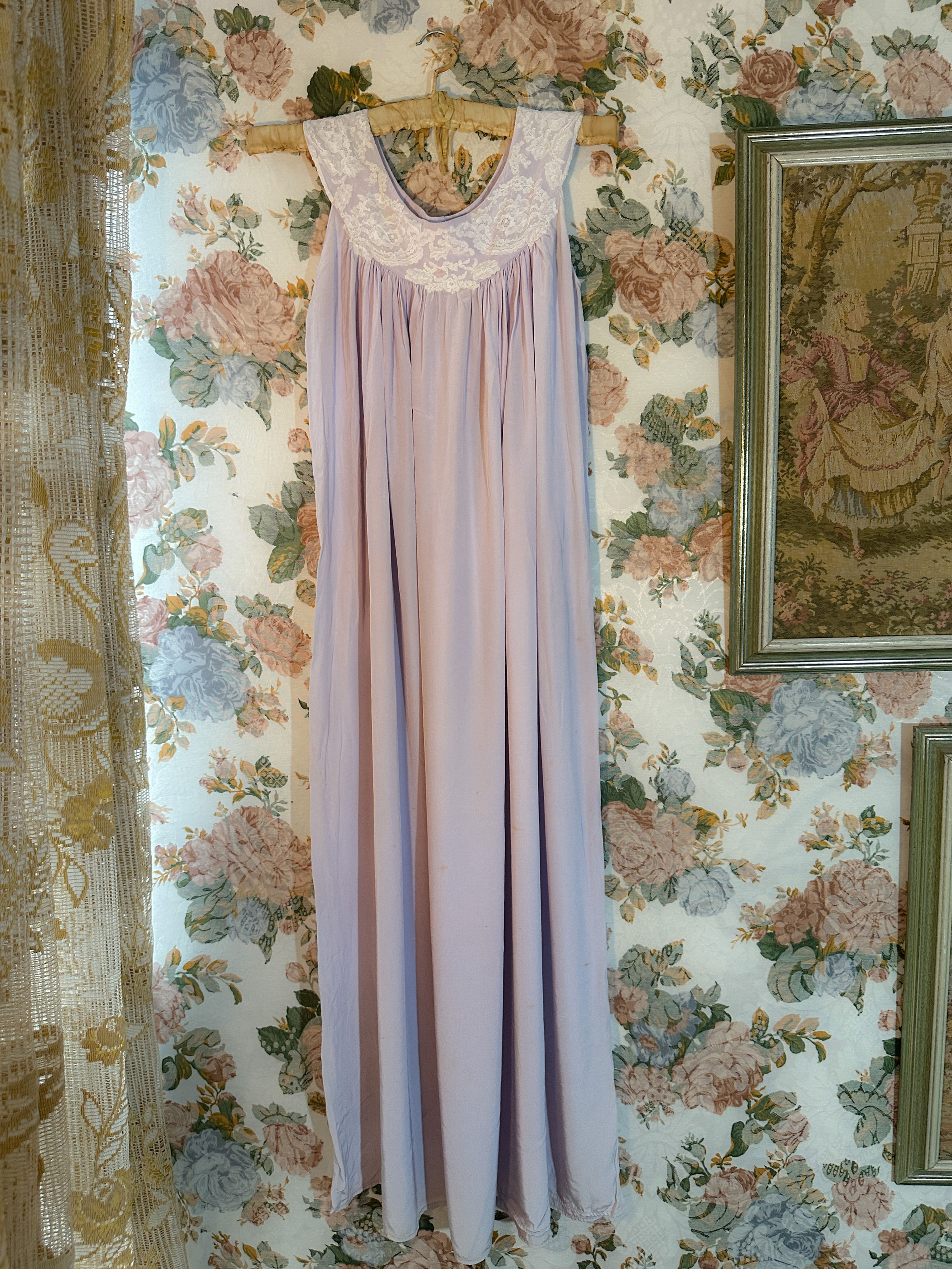 Camisola vintage seda 1940 lavanda pala renda francesa branca