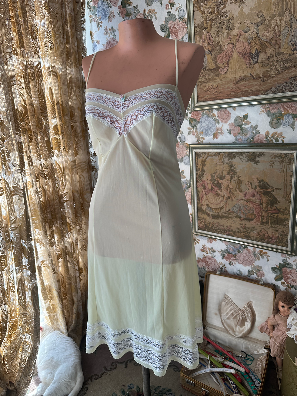 Miniatura: Slip dress camisola vintage anos 50/60 amarelinho bordadps flores pastel  