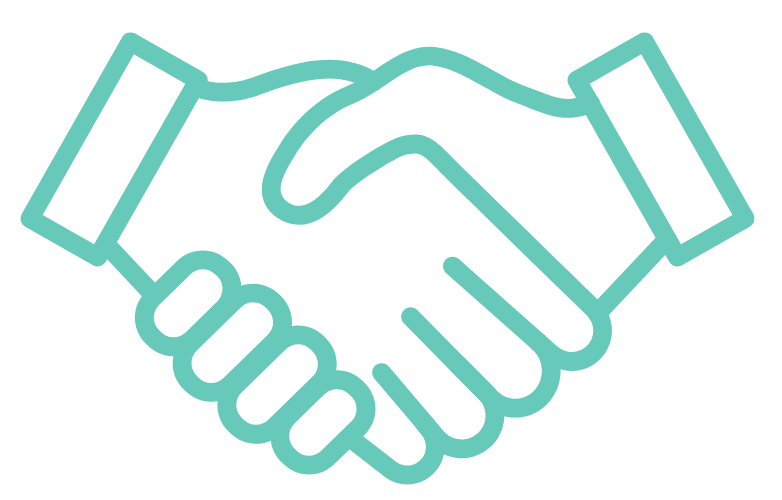 Teal outline of two hands shaking on a black background