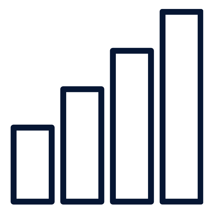 Four blue bar chart columns showing upward growth