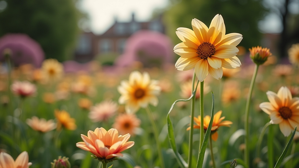 Eye-level view of a community garden filled with blooming flowers
