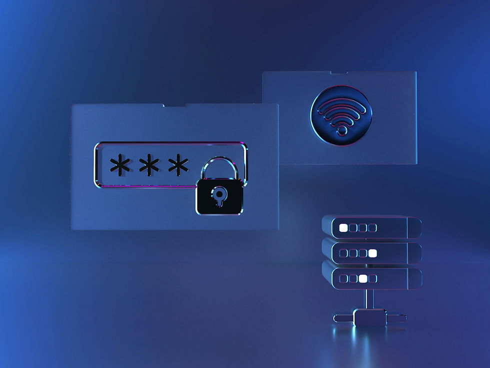 Illustration 3D de concepts de sécurité informatique : mot de passe avec cadenas, WiFi sécurisé et paramètres de configuration