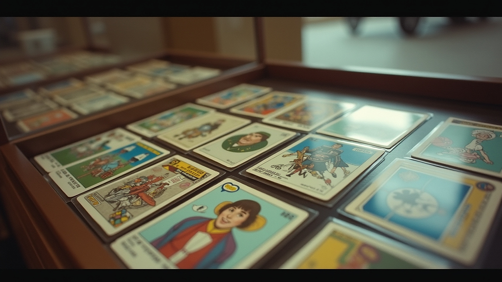 Eye-level view of a display case filled with vintage trading cards