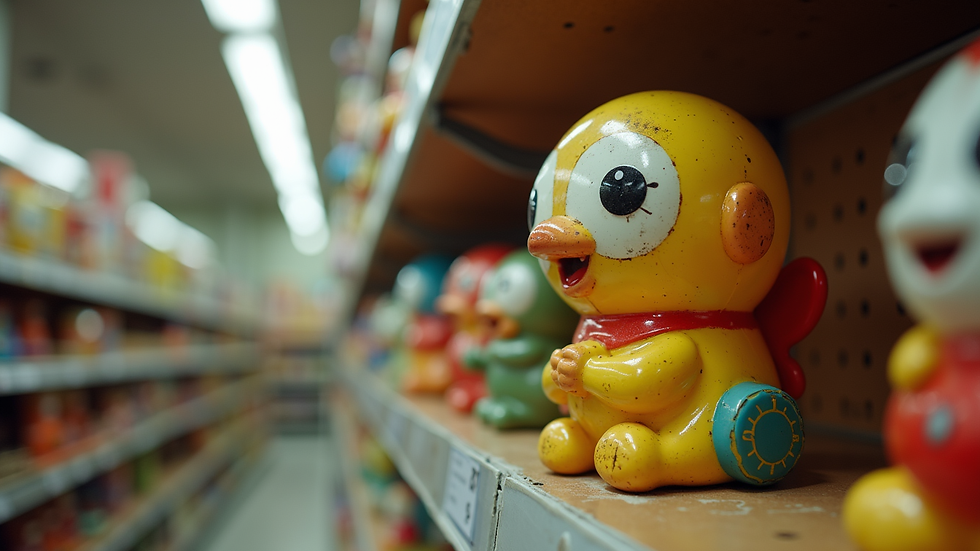 Eye-level view of a vintage toy displayed on a shelf with a price tag