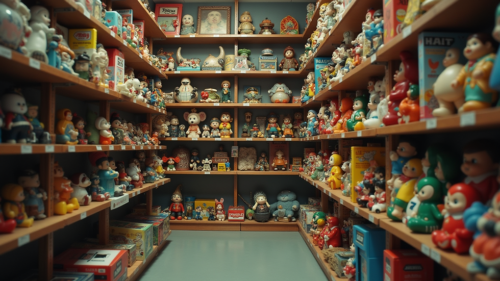 Eye-level view of shelves filled with vintage toys and rare collectibles