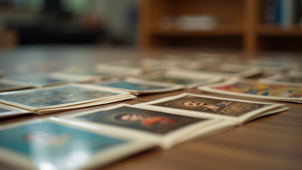 Close-up view of vintage cards in protective sleeves on a display table