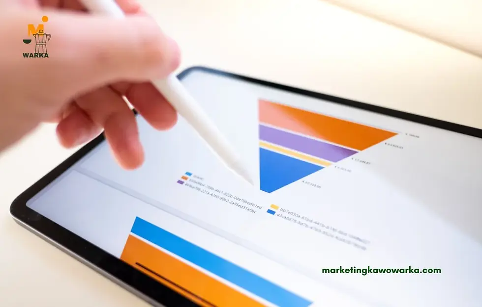 Hand with stylus interacting with a digital tablet showing a multi-colored pie chart.