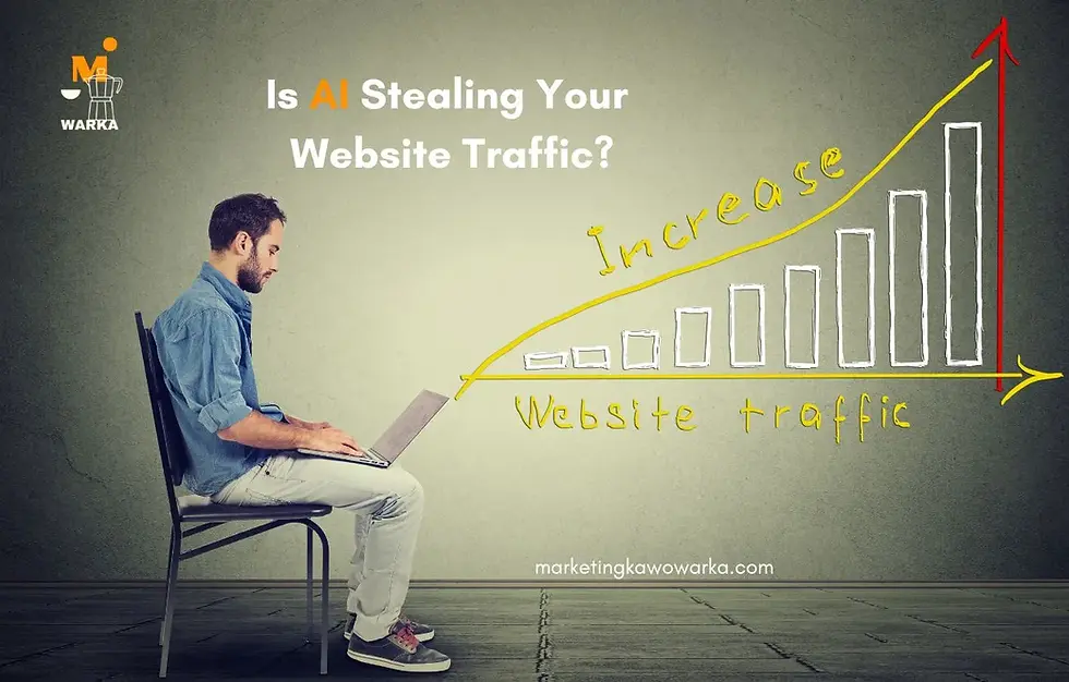 Man on laptop with "Is AI Stealing Your Website Traffic?" text and an upward trending website traffic graph.