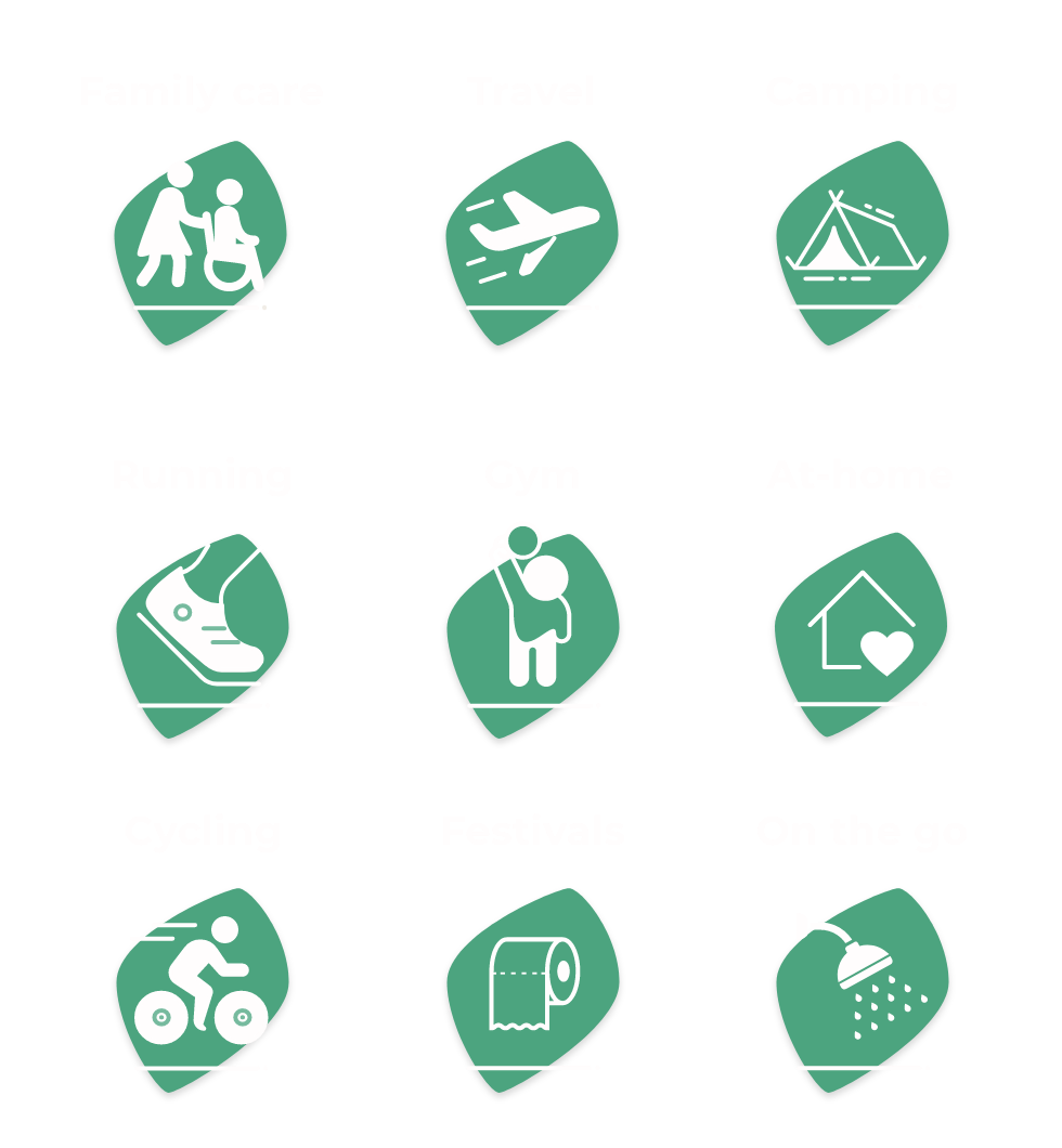 These are user case icons including family care, travel, camping, running, gym, cycling, festivals, on the go, at-home.