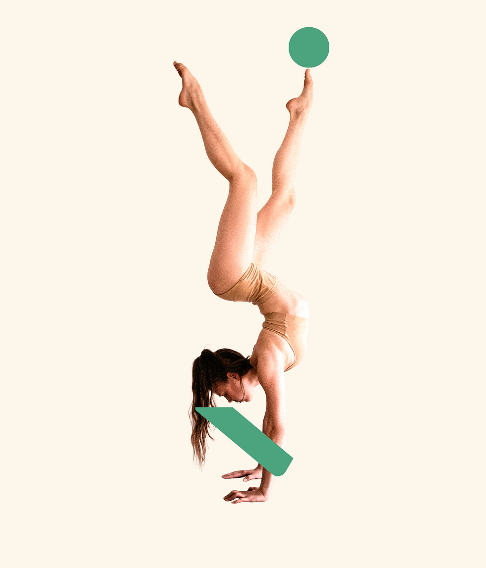 This is a woman dressed in activewear showing her the skin of her body and performing a handstand she is balancing a small green colour bowl to represent the green colour of our brand.