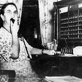 Mrs. Nannie G. Mastin in the nerve center of the Athens Telephone Company