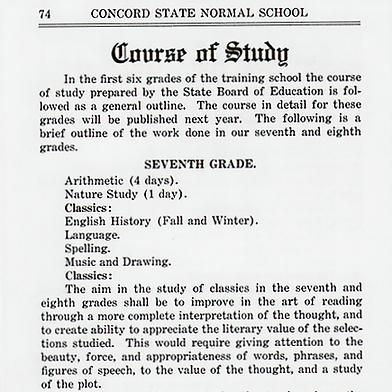 Example curriculum for the 7th and 8th grades at Concord Training School.