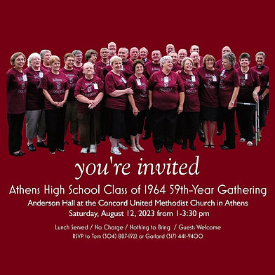 Invitation to the Athens High School Class of 1964 59th-Year Gathering at the Concord United Methodist Church in Athens.