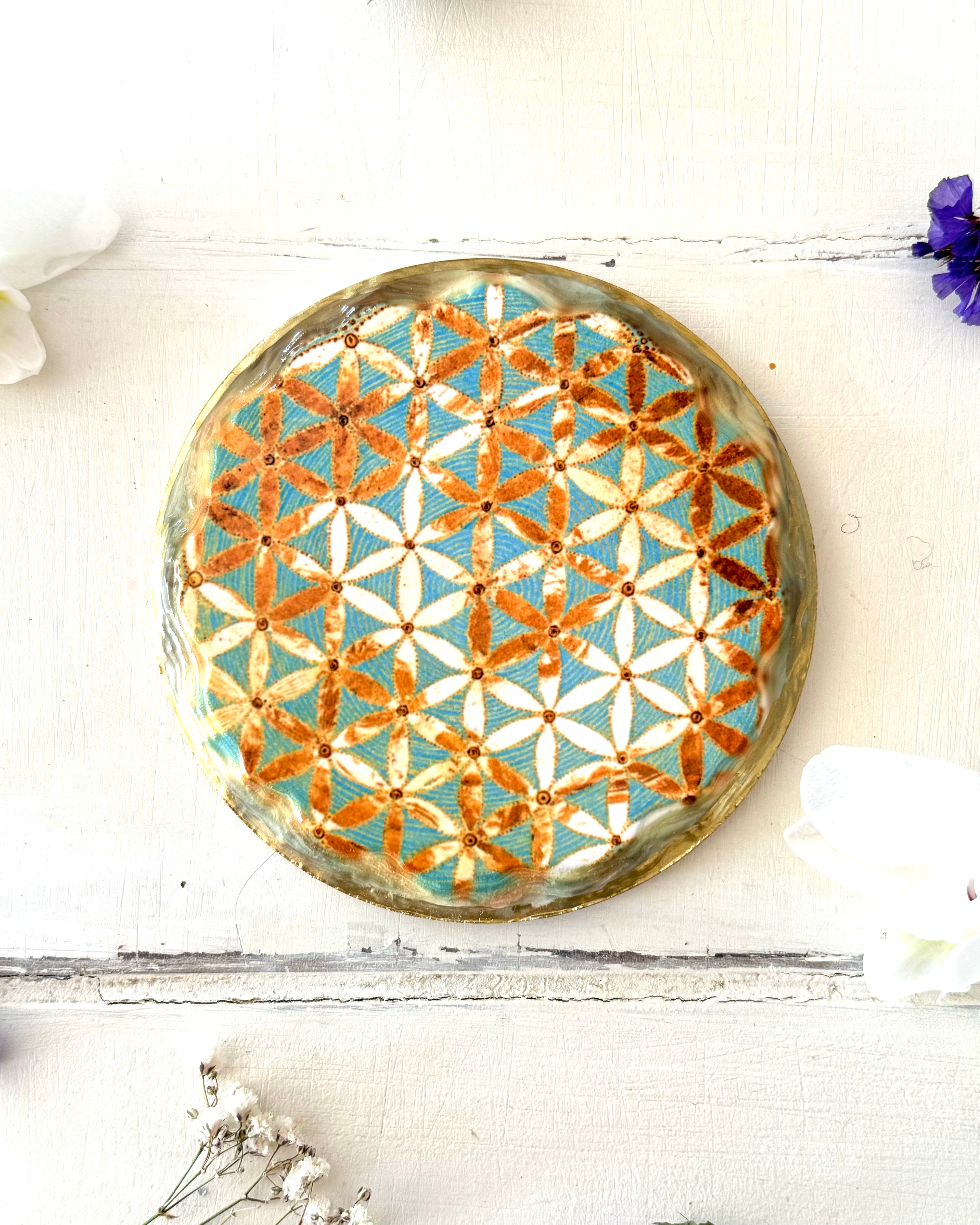 Bundle Flower of life-  keramik Untersetzer SteinoptikKeramik Untersetzer – 11 cm Durchmesser, glänzend, mit Korkunterseite