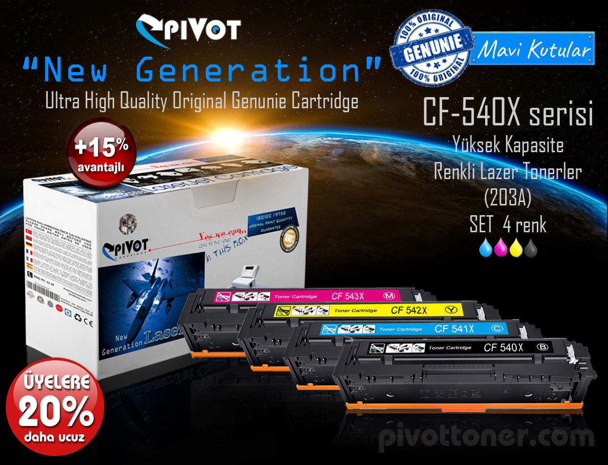 HP CF540 (203X) serisi "Yüksek Kapasite" 4 renk SET renkli lazer kartuşlar için