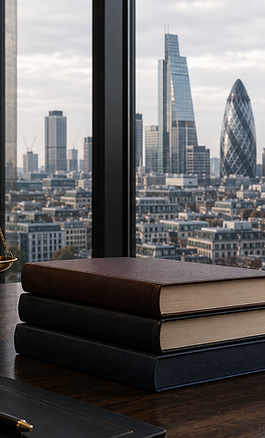 An Image of a stack of books and the scales of justice on a desk with a window with a city in the background. 