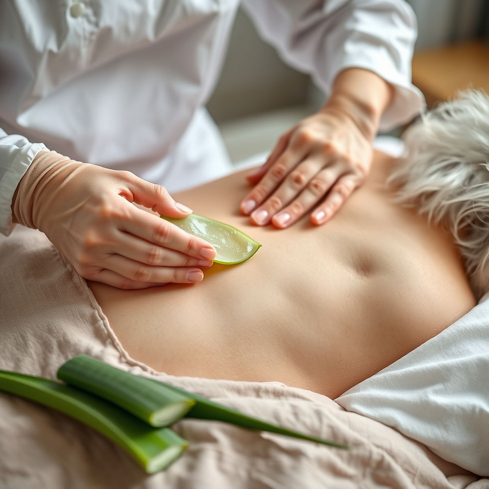 Enfermera aplica gel de aloe vera sobre el espalda de una persona en una cama, con ambiente relajante y tranquilo.