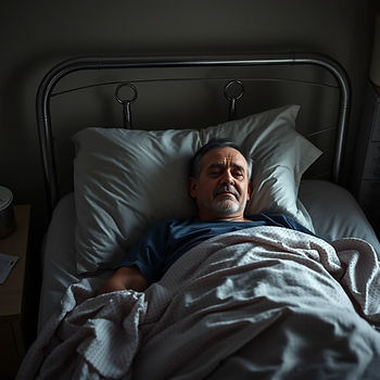 Hombre mayor yace en cama con sábanas blancas y gesto serio, en habitación tenue y sombría.