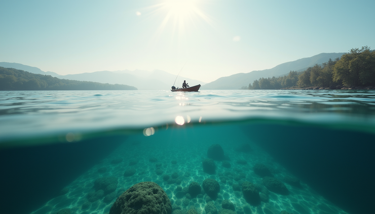 Eye-level view of a fishing boat on a calm lake with clear water showing deep underwater structure