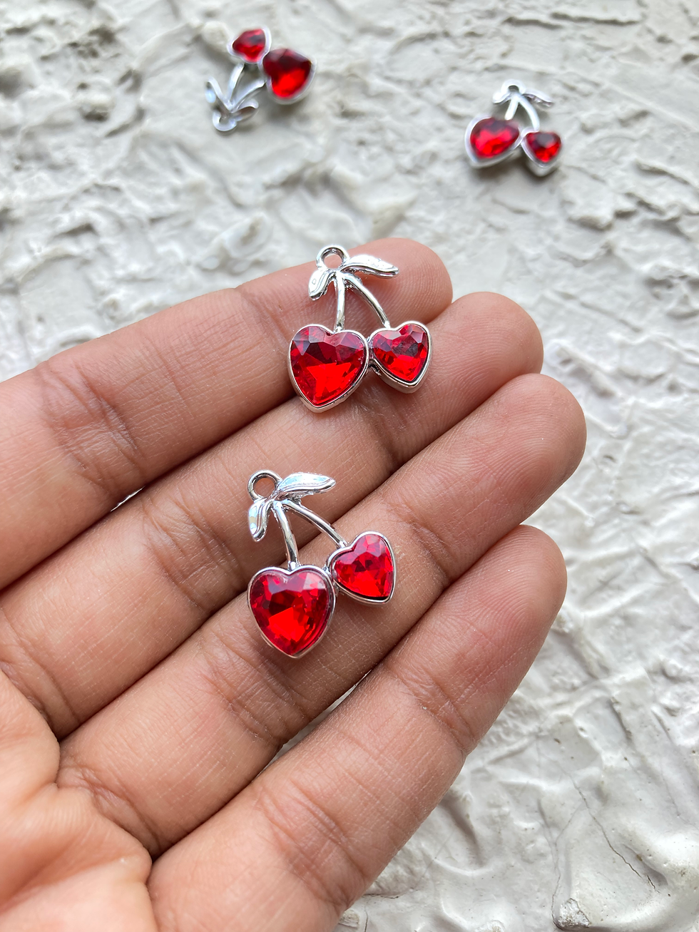 Thumbnail: Faceted glass heart cherry shape silver charm