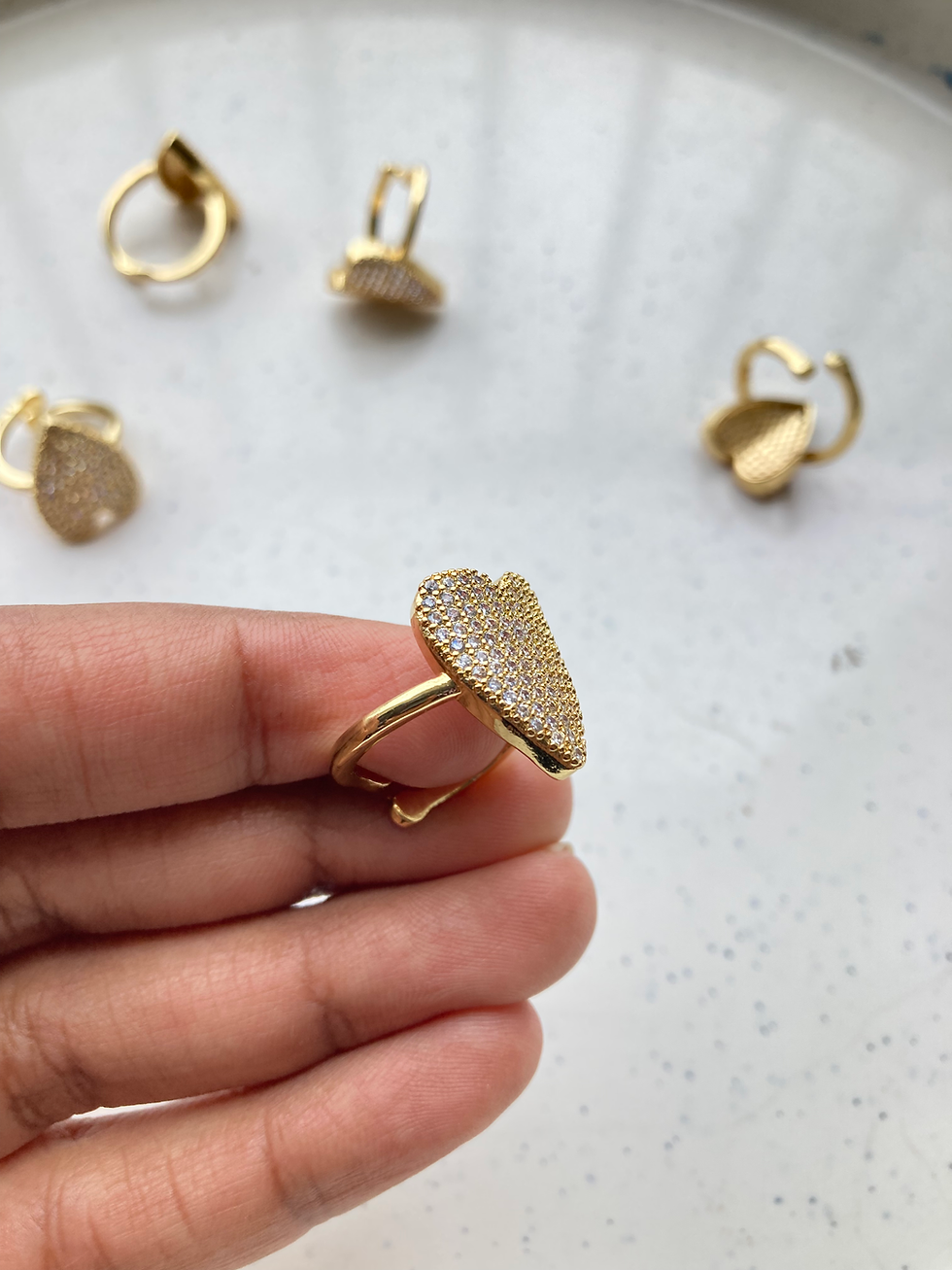 Thumbnail: Readymade zircon gold plated heart adjustable ring