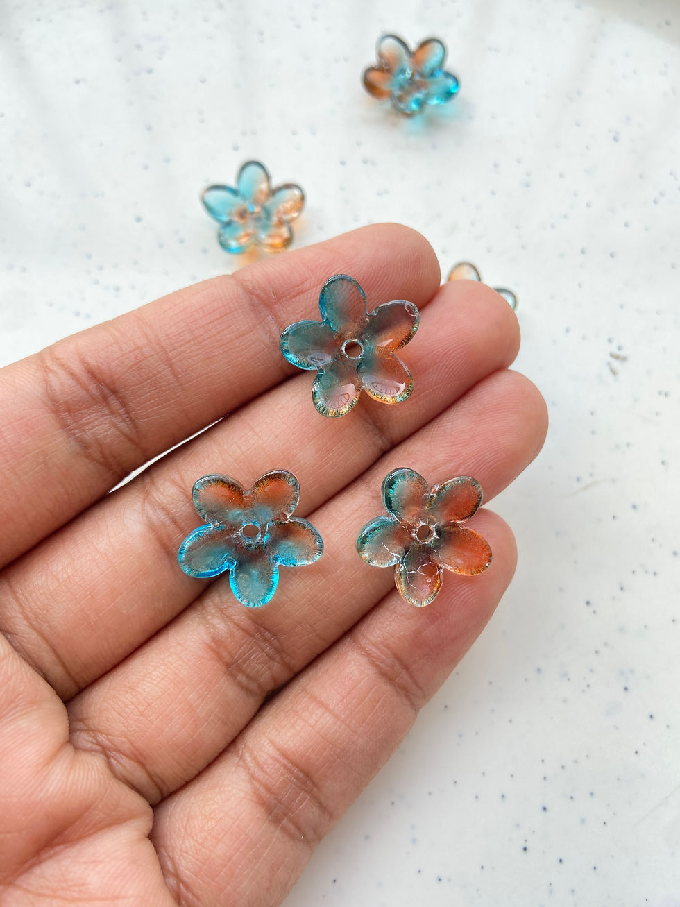 Thumbnail: Glass 5 petal flower colourful bead, center drilled