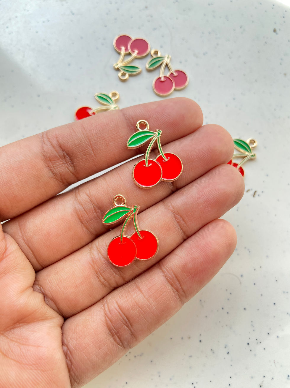 Thumbnail: Cherry shape enamel charm with leaf