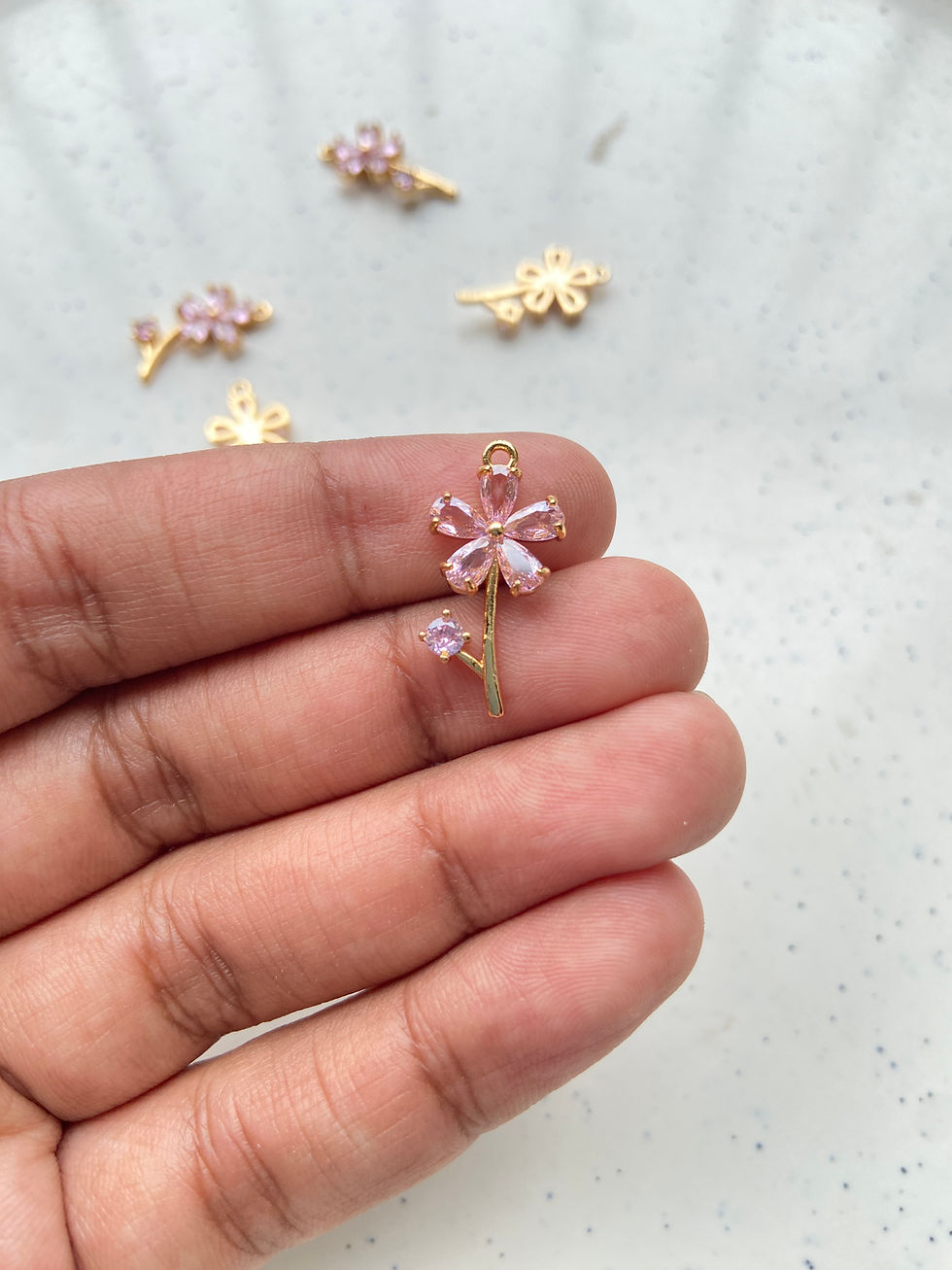 Thumbnail: Pink flower with stem & leaf zircon charm, anti-tarnish (1pc)
