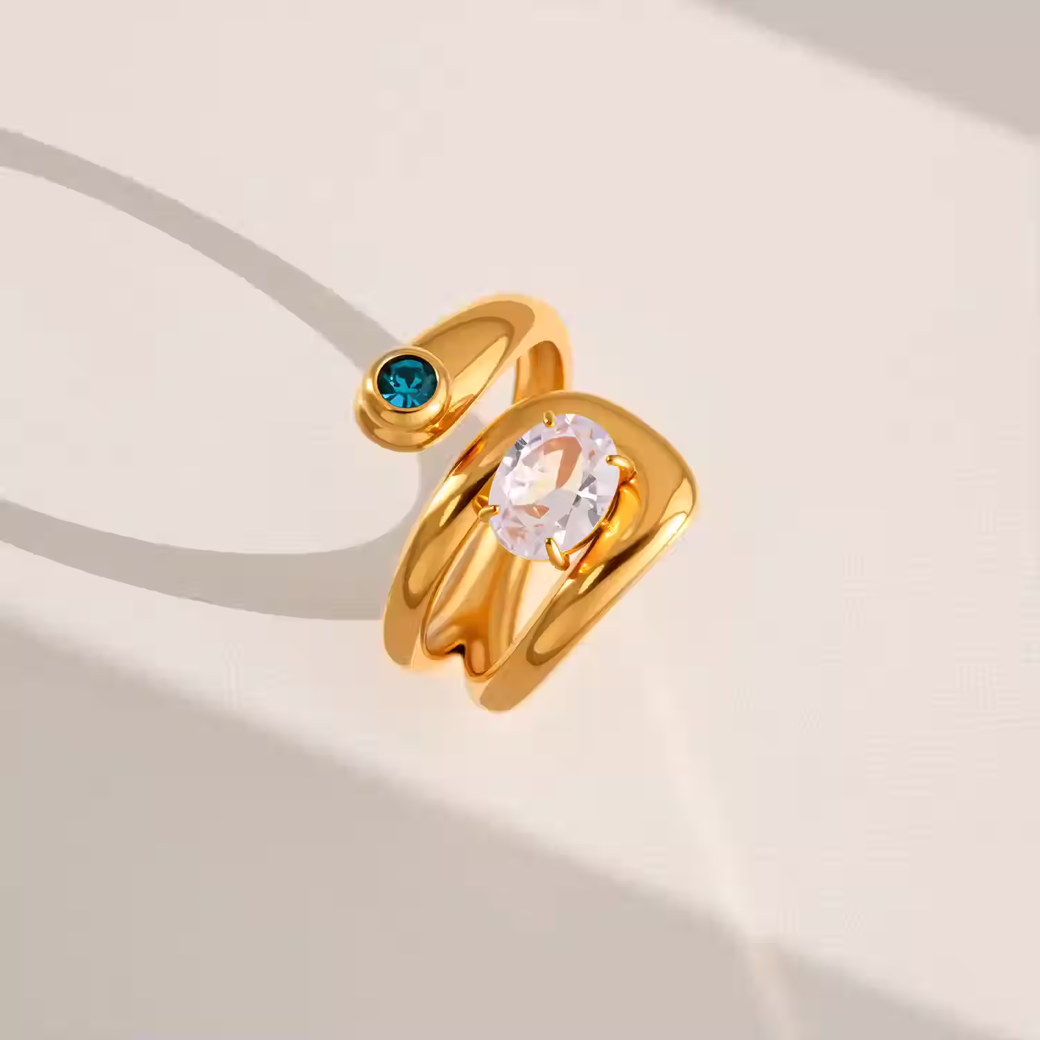 Readymade gold dual stone adjustable ring, PVD plating, anti-tarnish (1pc)