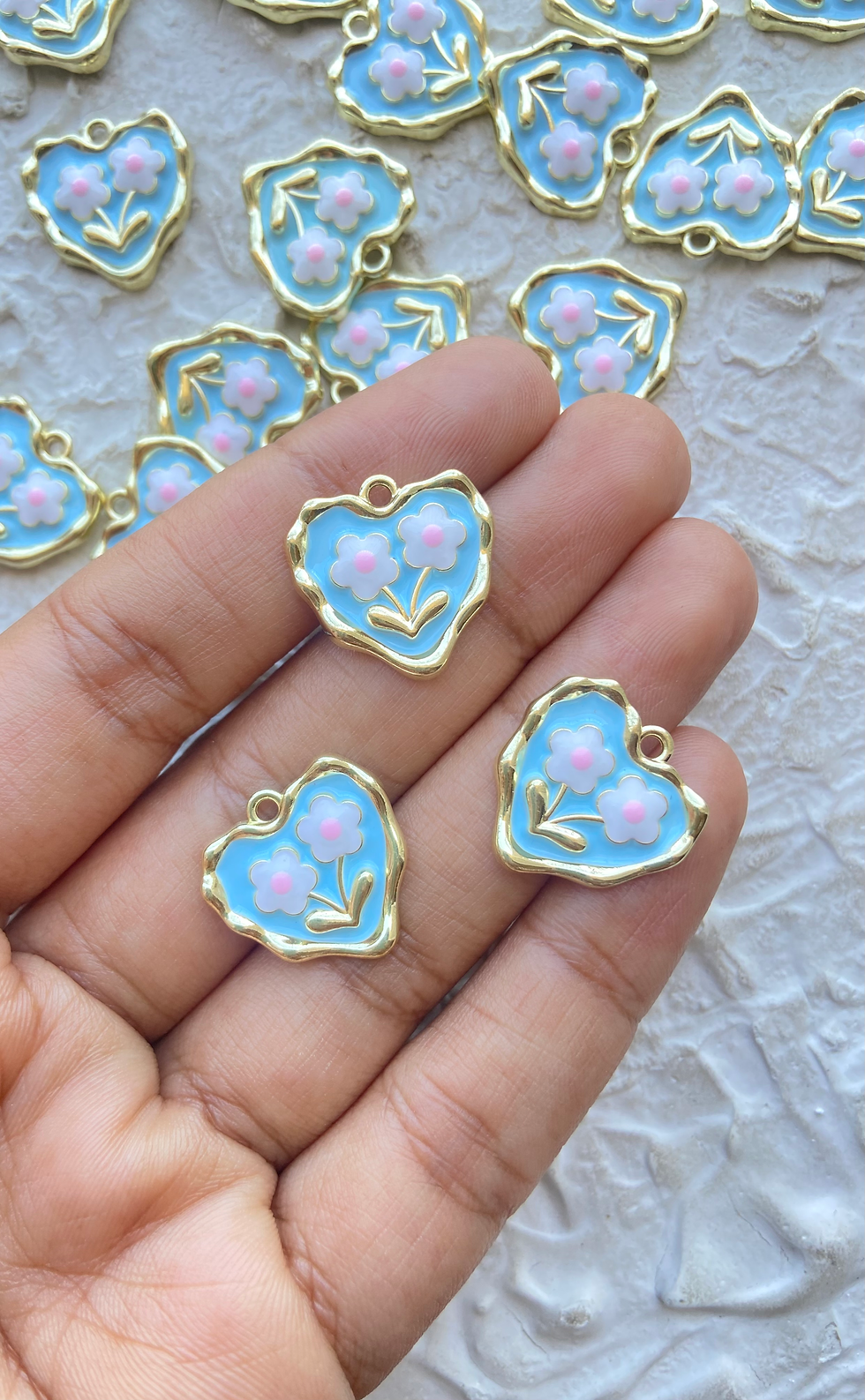 Thumbnail: Alloy enamel golden blue heart with white flower charm