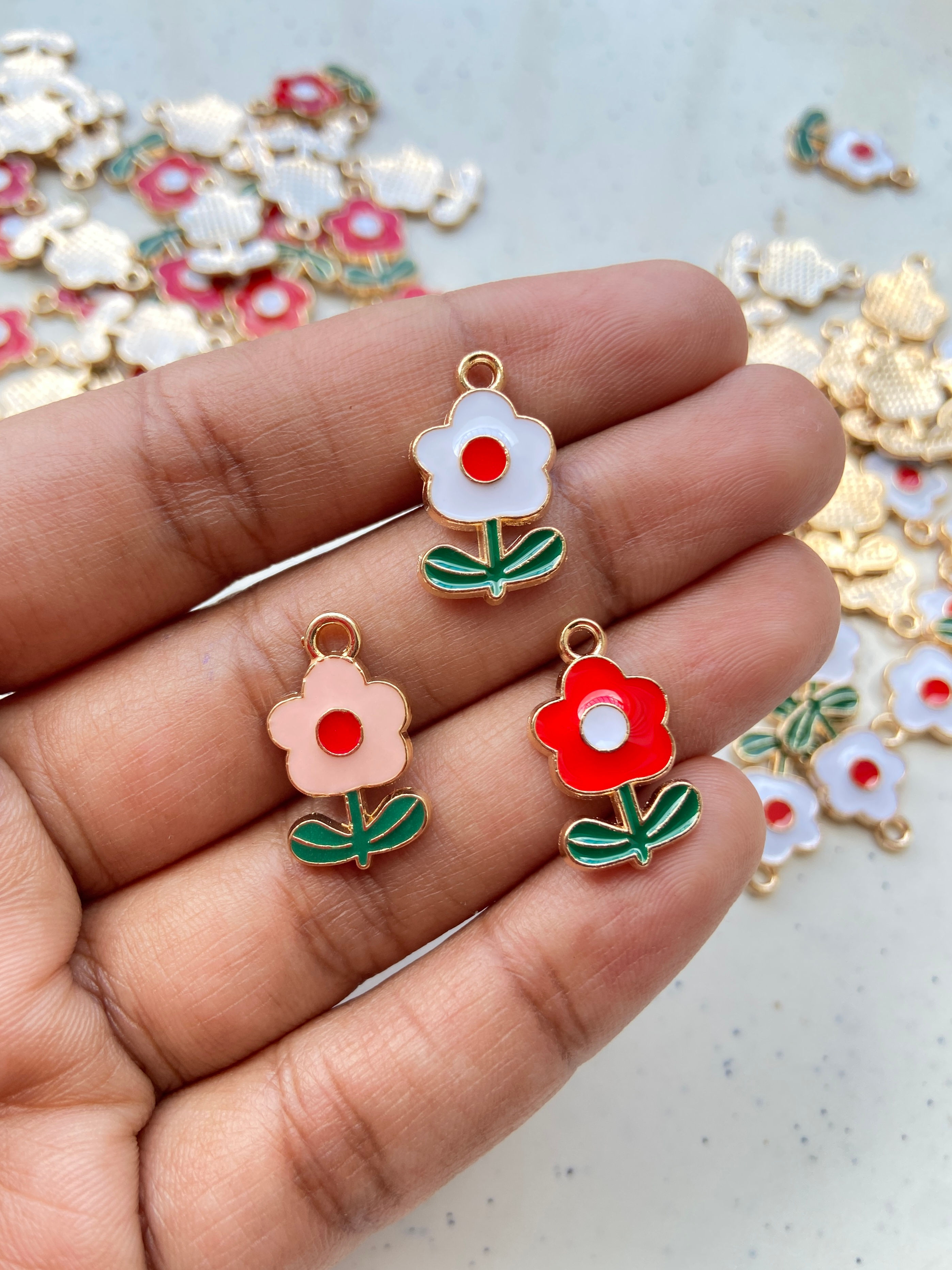 Enamel flower with leaf shape alloy charm
