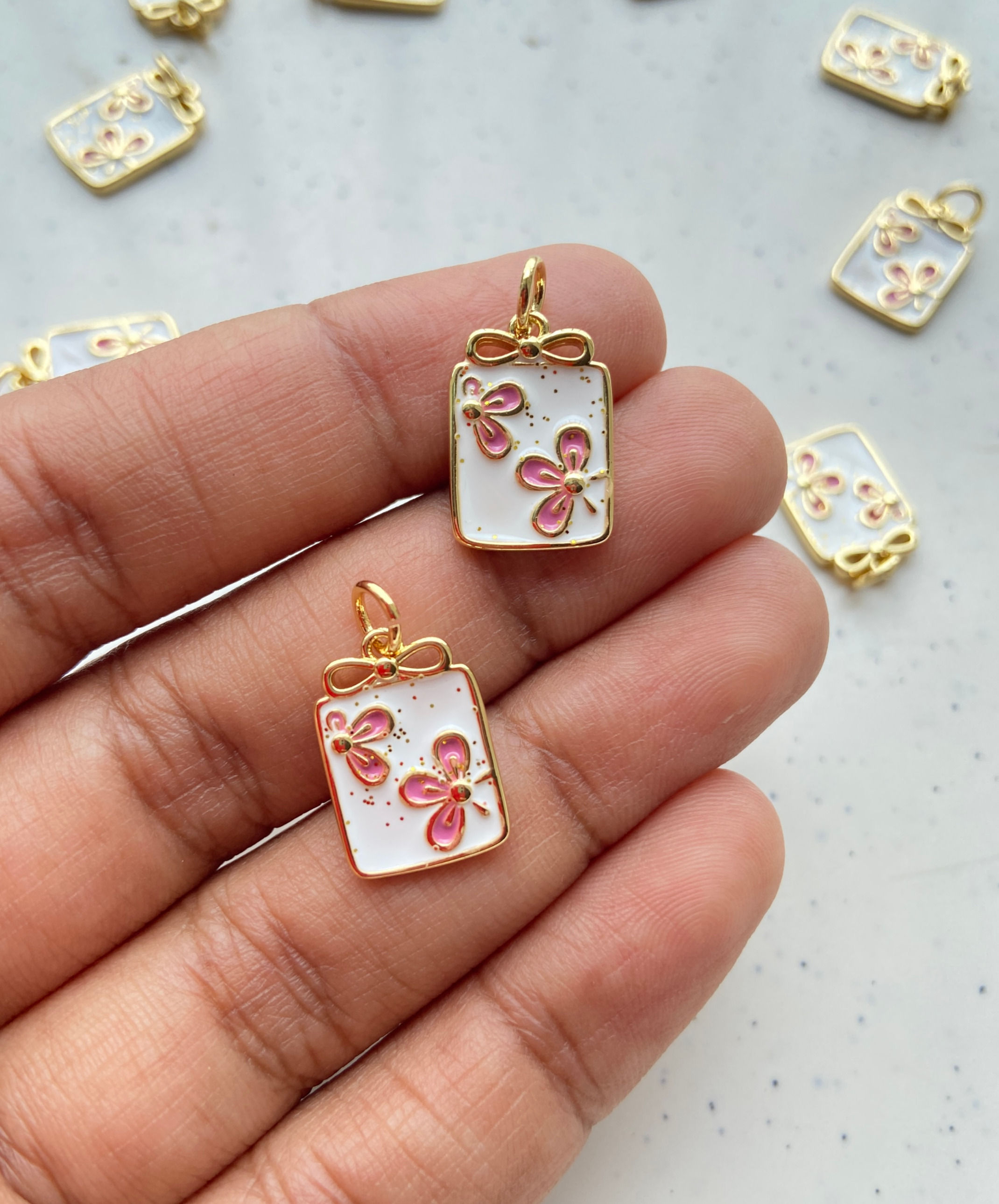 18k gold plated, pink flower with white base rectangle charm, anti-tarnish