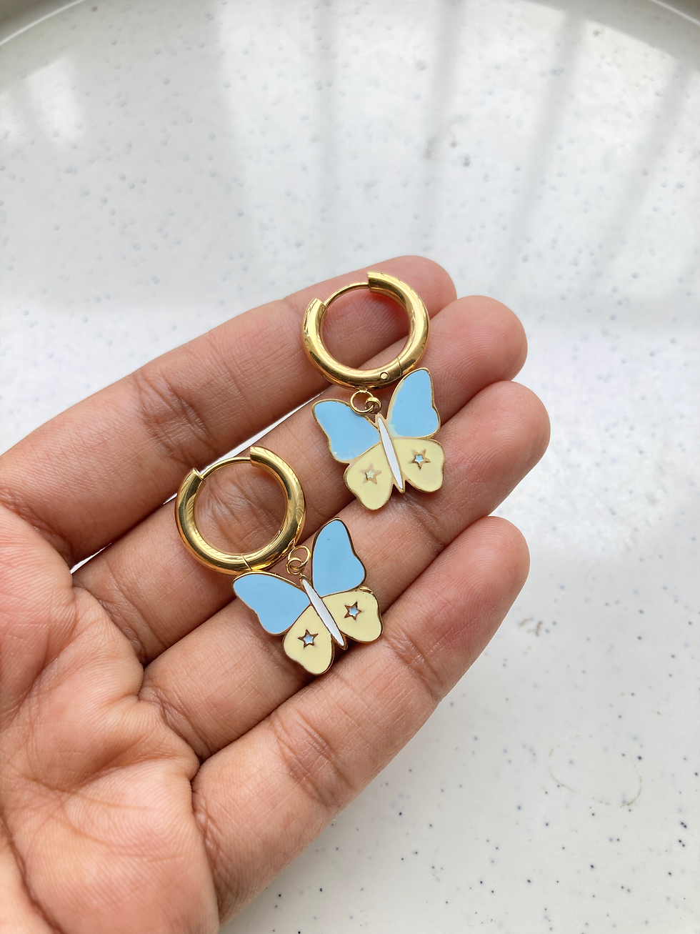 Thumbnail: Readymade stainless steel hoop with enamel butterfly earrings
